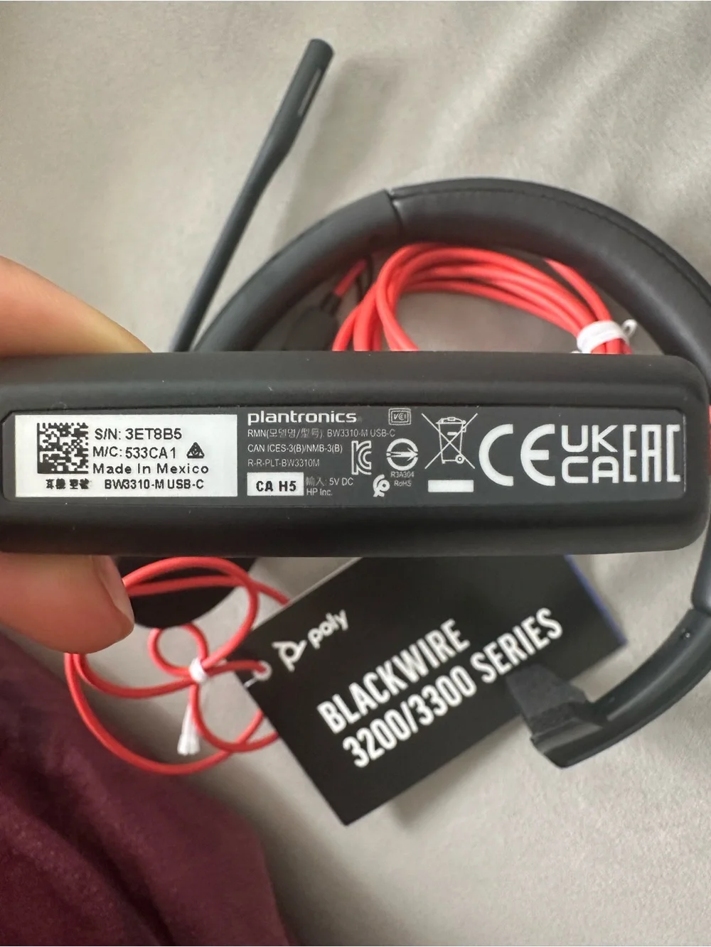Poly Blackwire 3310 Mono-M USB Wired Headset in Black with Red Cable
